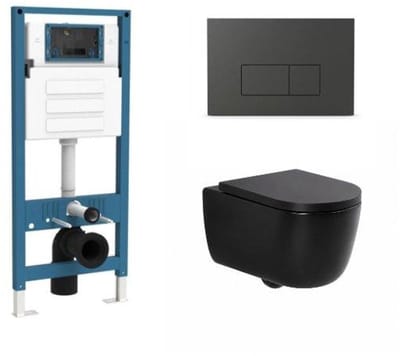 QeramiQ Dely Swirl Toiletset - inbouwreservoir Qeramiq Flush - 35mm zitting - kunststof mat antraciet bedieningsplaat - rechthoekige knoppen - mat zwart