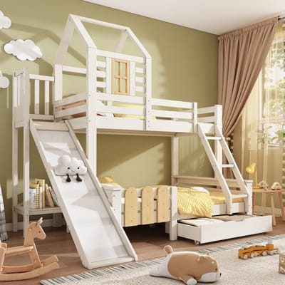 Stapelbed Met Glijbaan - Kinderbed 90x200 140x200 Met Lade - Wit Naturel