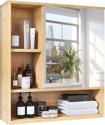 unho Badkamermeubel met Spiegel - Wandkast van Bamboe - Medicijnkastje met Opbergplank - Hangend Over Toilet - Enkele Deur - 55,5 x 16 x 61 cm