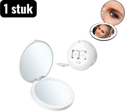 1 stuk - Make-upspiegel - Mini handspiegel - Opvouwbare Makeupspiegel met LED Verlichting - Ronde Draagbare Schminkspiegel - 10X Vergroting -Wit