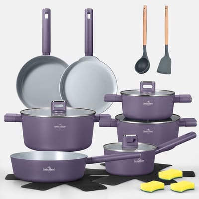 Swiss Haus® SC3018T Pannenset Inductie - 18-delig – PFAS Vrij – Koekenpan, Kookpannen, Hapjespan, Pannenkoekenpan & Steelpan - Voor Alle Warmtebronnen – Ovenbestendig tot 160°C - Paars