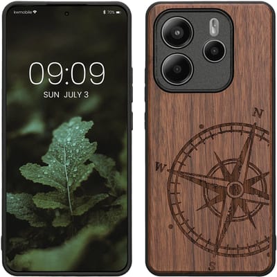 kwmobile telefoonhoesje geschikt voorXiaomi Redmi Note 14 5G - Hoesje met bumper - hout - In donkerbruin Vintage Kompas design