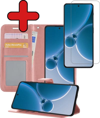 Hoesje - Met Screenprotector - Geschikt voor OnePlus Nord 3 - Luxe Pasjeshouder - Flipcase - Bookcase Portemonee - Flip Case - Kunstleer Book Case - Book Cover - Walletcase - Portemonneehoes - Telefoonhoes - Rosé goud