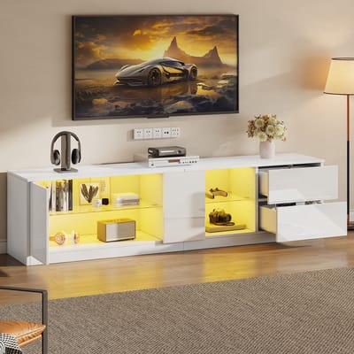 DESMIU Tv Meubel - Hoogglans Front Met Ledverlichting En Opbergruimte - Voor Woonkamer En Slaapkamer - Mdf En Gehard Glas - 160x40x52 Cm - Wit