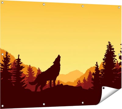 Gards Tuinposter Silhouet van een Wolf in het Bos - Abstract - 120x90 cm - Tuindoek - Tuindecoratie - Wanddecoratie buiten - Tuinschilderij