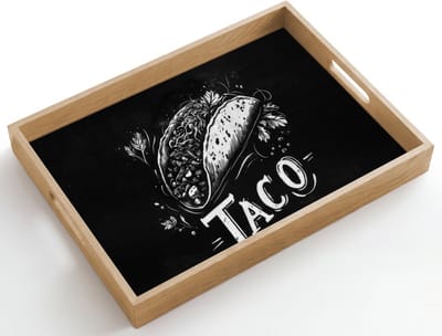 Dienblad hout 50x35 cm - Schootdienblad - Taco - Kruiden - Witte krijtstijl - Tekst - Borrelplank rechthoek - Plateau dienbladen