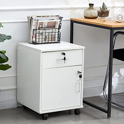 Mobiele archiefkast met 2 lades, slot en wielen - Industriële stijl - Houten archiefkasten voor thuiskantoor