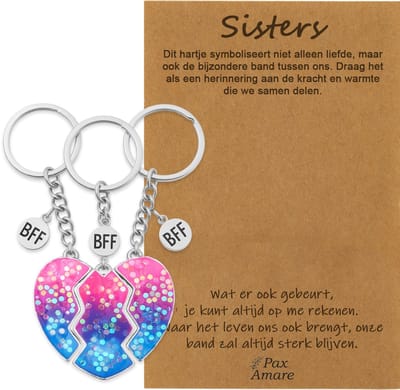 BFF Sleutelhanger voor 3 'Sisters' - Magnetisch Glitter Hartje - Sleutelhangers op Cadeau Kaartje - Zilverkleurig - Vriendschap Symbool - Pax Amare