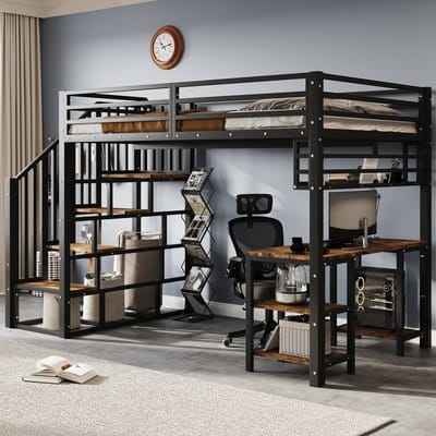 PHOEBE CAT Hoogslaper - 120x200cm - Met bureau - Opbergplank - Ijzer + Spaanplaat - Zwart + Bruin