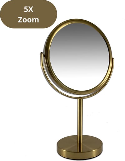 Metalen make up spiegel mat Goud -stand spiegel 5x vergroting - Ø18cm - scheerspiegel - cosmeticaspiegel - schoonheidsspiegel - badkamer spiegel - makeup - make up