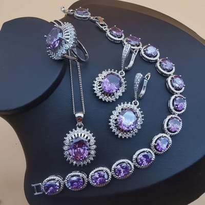 Nieuwe Temperament Sieraden Platina Verguld Amethist Zirkoon Ketting Oorbellen Ring Set Sieraden Ring size 7 gray