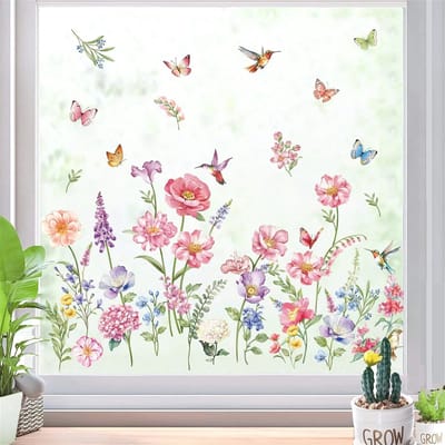 Famanu – Tuin Bloem Raam Kleeft Muurstickers Dubbelzijdig Anti - botsing Wilde Roze bloem Vlinders Gras Raamstickers Glas Venster Deuren Raamstickers (Alleen voor vensterglas)