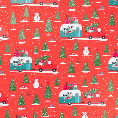 Inpakpapier Kerst - Rood cadeaupapier met auto, caravan en kerstboom - Inpakpapier op vakantie - Rol 50 cm breed en 150 meter lang