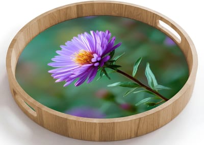 Dienblad rond 40x40 cm - Schootdienblad hout - Aster - Paars - Bloem - Blaadjes - Borrelplank rechthoek - Plateau houten dienbladen