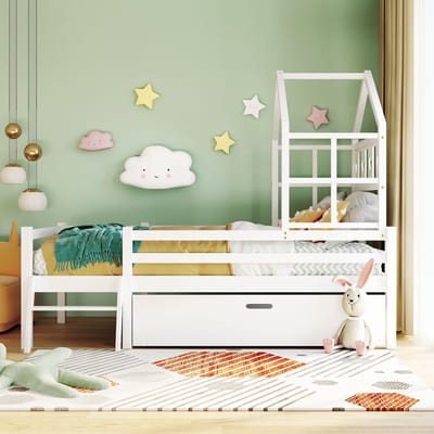 Gutent Kinderbed - met ladder en lade (140 x 63 x 27 cm) - met spijlen - 90 x 200 cm - Wit (zonder matras)