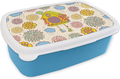 Broodtrommel Blauw - Lunchbox - Brooddoos - Koekoeksklok - Patronen - Paddenstoel - Bloemen - 18x12x6 cm - Kinderen - Jongen