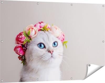 Gards Tuinposter Kat met een Bloemen Kroon - 120x80 cm - Tuindoek - Tuindecoratie - Wanddecoratie buiten - Tuinschilderij