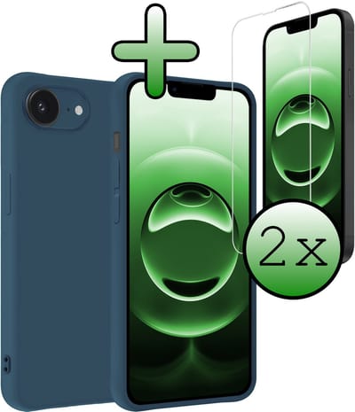 Hoesje Met 2x Screenprotector - Geschikt voor Apple iPhone 16e - Sterk & Shockproof - Back Cover - Siliconen Case - Telefoon Hoes - Donkerblauw