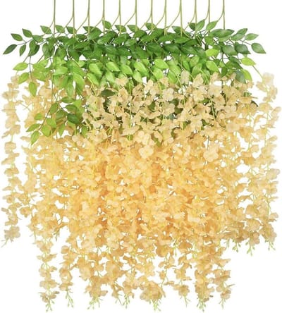 Dailygoods - NatureMan 12 stuks blauweregen hangende bloemen, kunstmatige wijnstok ratta, hangende slinger, zijden bloemen (bruiloft, feest, tuin, buitenwanddecoratie, champagne)