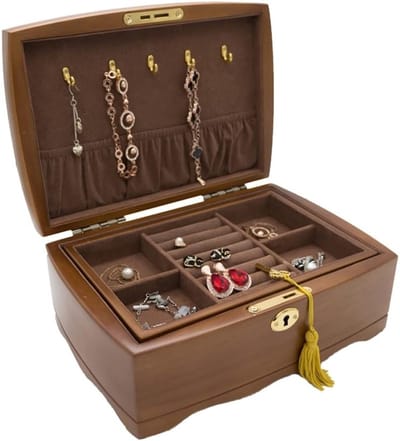 Sieradenkistje Houten - Juwelendoos Organizer - Sieraden Opbergen - 2 Tier Indeling - 26 x 18 x 10cm - Rustiek Bruin