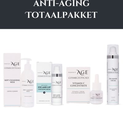 Anti-Aging Totaalpakket 1 Cleanser 2 Serum Vit C. 3 Dag- en nacht Renew Creme 4 Oog en Lipcreme - Perfect Age