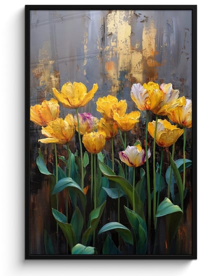 Poster in lijst - Fotolijst 80x120 cm - Posters - Tulpen - Geel - Penseelstreken - Abstract - Posterlijst zwart - Decoratie - Wanddecoratie woonkamer - Muurdecoratie slaapkamer
