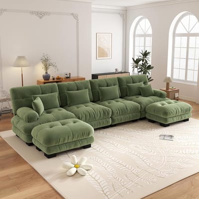 4-Zits Bank, U-Bank, Modulaire Hoekbank, U-vormige Bankstel voor de Woonkamer, Comfortabele 4-zitsbank met Verplaatsbare Poef, Doe-het-zelf Combinatie, Chenille-Groente