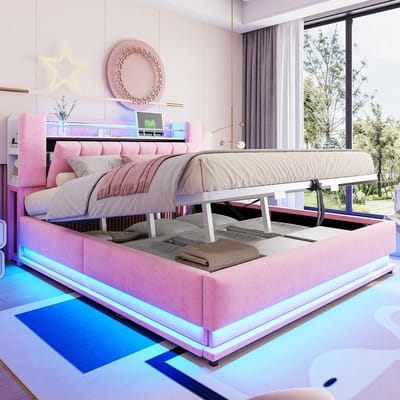 REDOM gestoffeerd bed 180x200 cm – Fluweel roze – LED, USB, hydraulische opbergruimte, 24 latten – 300 kg