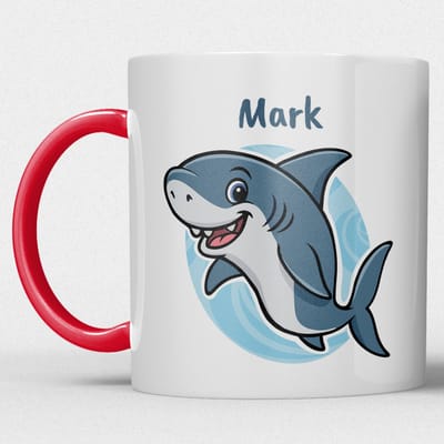 kindermok/kinderbeker | gepersonaliseerd met naam | met haai | rood | Schattige illustraties