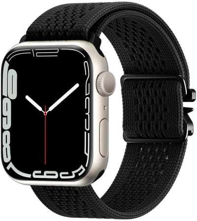 Nylon bandje - geschikt voor Apple Watch 1/2/3/4/5/6/7/8/9/10/11/ SE (1,2,3) met maat 38 mm / 40 mm / 41 mm en 42 mm (Watch 10/11) - P-Buckle gesp - zwart