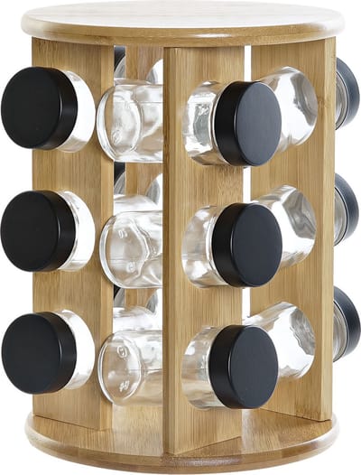 Bamboe kruidenrek met 12 glazen potten 18 x 18 x 25 cm