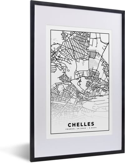 Fotolijst incl. Poster Zwart Wit- Frankrijk - Chelles - Stadskaart - Plattegrond - Kaart - Zwart wit - 40x60 cm - Posterlijst