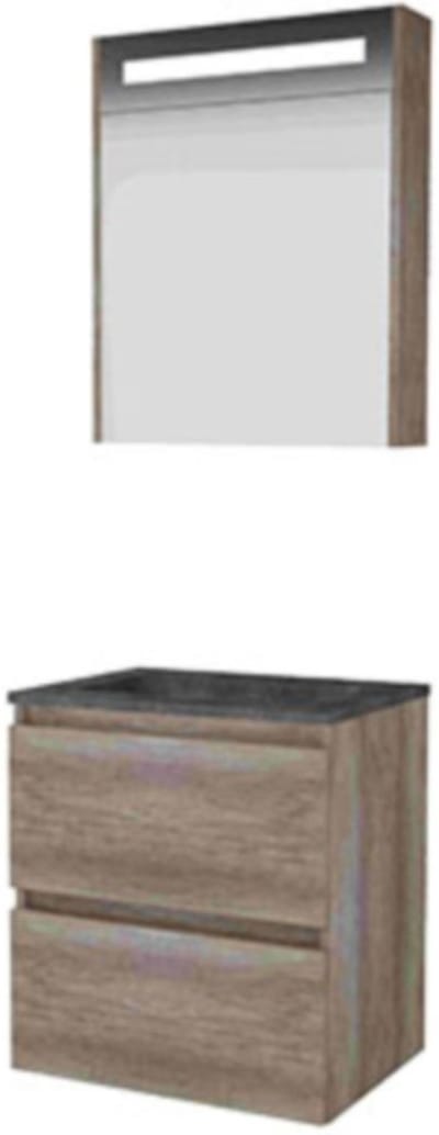 Basic-Line Premium 46 Badkamermeubelset - 60 x 46 cm - Greeploos - 2 Lades - Hardstenen Wastafel - 1 Kraangat - Spiegelkast met LED Verlichting - Scotch Oak