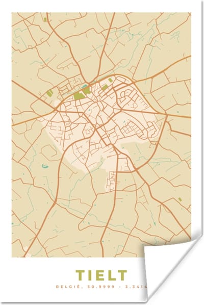 Poster Tielt - Kaart - Plattegrond - België - Stadskaart - 120x180 cm XXL