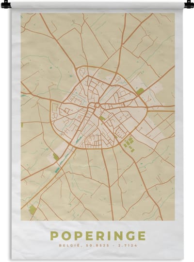 Wandkleed - Wanddoek - Vintage - Kaart - Plattegrond - Poperinge - Stadskaart - 120x180 cm - Wandtapijt