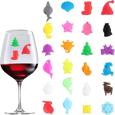 Set van 24 Herbruikbare Siliconen Wijnglasmarkers voor Cocktails, Champagne en Wijn - Perfect voor Feestjes, Bruiloften en Kerstmis