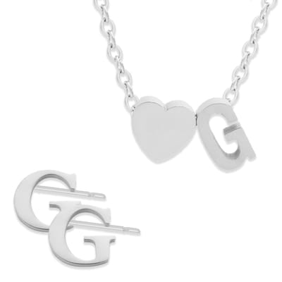 Initiaal Ketting & Oorbellen set met Letter G ZIlverkleurig - Stainless Steel - Met letter & Hartje! - 2x Sieraden Cadeau - Pax Amare