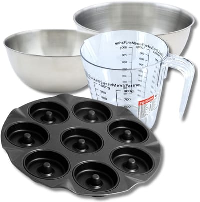 Bakkersset met 8-delige donutvorm 33 cm van staal, 2 mengkommen, maatbeker en spatel Zenker