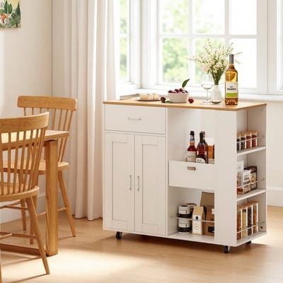 Rosahqnda Verrijdbaar keukeneiland 102×46cm, keukentrolley, uitneembare opbergbox, kruidenrek en handdoekhouder, opbergkasten voor eetkamer en woonkamer