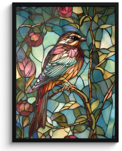 Poster in lijst - Fotolijst 50x70 cm - Posters - Vogel - Tak - Rozen - Mozaïek - Posterlijst zwart - Decoratie - Wanddecoratie woonkamer - Muurdecoratie slaapkamer