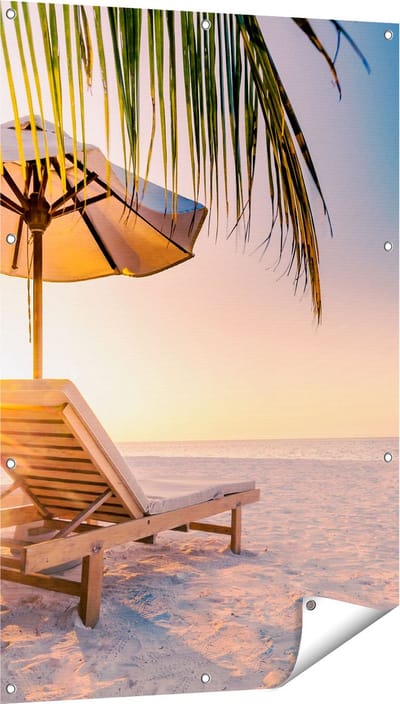 Gards Tuinposter Tropisch Strand tijdens Zonsondergang - 80x120 cm - Tuindoek - Tuindecoratie - Wanddecoratie buiten - Tuinschilderij