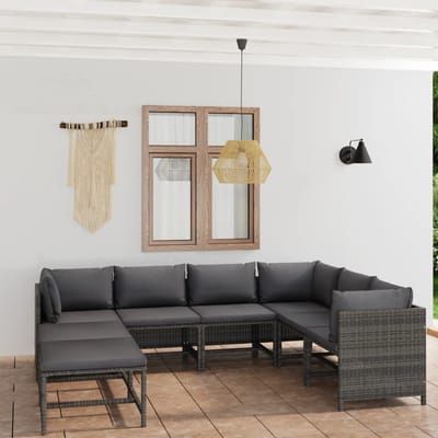 vidaXL - 8-delige - Loungeset - met - kussens - poly - rattan - grijs