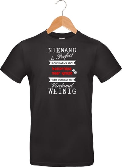 mijncadeautje - T-shirt unisex - zwart - Niemand is perfect - Hondenras NAAR KEUZE - maat S