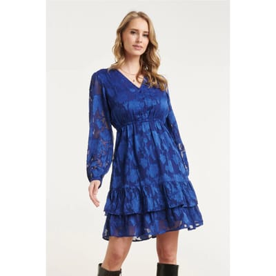 Smashed Lemon Blauwe jurk met bloemenstructuur en ruffle zoom |