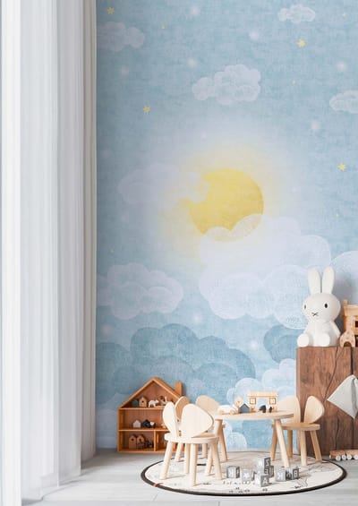 ZON TUSSEN DE WOLKEN FOTOBEHANG | Kinderkamer - Blauw Geel Wit - A.S. Création Lilly & Luis