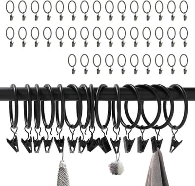 SnelShoppen - Pack van 40 Multifunctionele Gordijnringen Clips, IJzeren Gordijnclips met Binnendiameter 32mm, Zwart voor Slaapkamer, Woonkamer, Eetkam