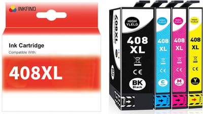 INKFIND 408XL (T09K1/T09K2/T09K3/T09K4) inktcartridge 4 Pack (Zwart+Cyaan+Magenta+Geel) compatibel met Epson 408L (T09K1/T09K2/T09K3/T09K4) voor EPSON Workforce Pro WF-C4310DW Epson WorkForce Pro WF-C4810DTWF -4-pack BK/C/M/Y