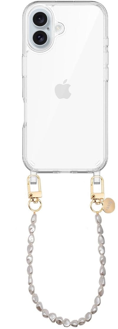 xoxo Wildhearts siliconen hoesje - Geschikt voor iPhone 17 hoesje - Pearlfection - Telefoonhoesje - Hoesje met koord - Parelketting - kort telefoonkoord - Transparant hoesje (korte variant)