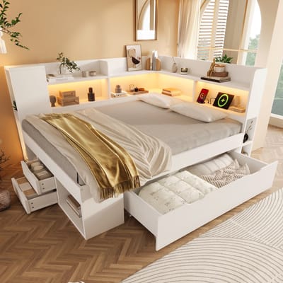 DESMIU Dagbed 140x200cm - Dagbed Met Oplaadstation En Ledverlichting - Bed Met Opbergrekken En Lades - Voor Slaapkamer En Logeerkamer - Hout - Wit - Zonder Matras