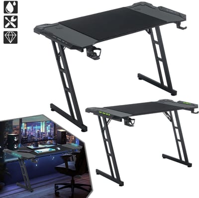 Froadp Gamingtafel 160 x 60 cm LED-gamingbureau Stevige computertafel PC-tafel Zwart met bekerhouder & koolstofvezelcoating 2 kabeldoorvoeren Gamingtafel Gaming-bureautafel met LED